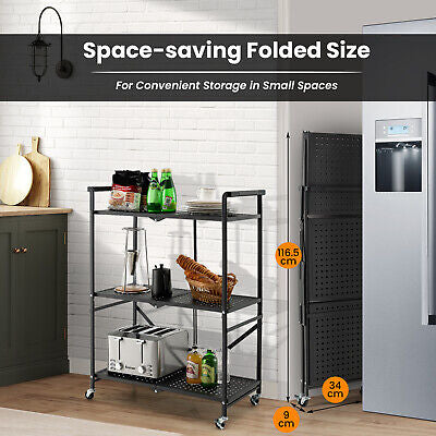 3-Tier Foldable Kitchen Cart Mobile Metal Organizer Rack Garage Storage Shelves