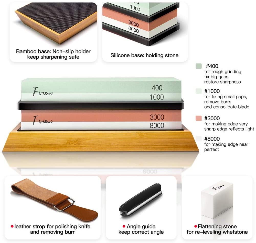 Knife Sharpening Stone Kit, Finew Professional Whetstone Sharpener Stone Set, Premium 4 Side Grit 400/1000 3000/8000 Water Stone, Non-slip Bamboo Base, Flatting Stone, Angle Guide and Leather Strop