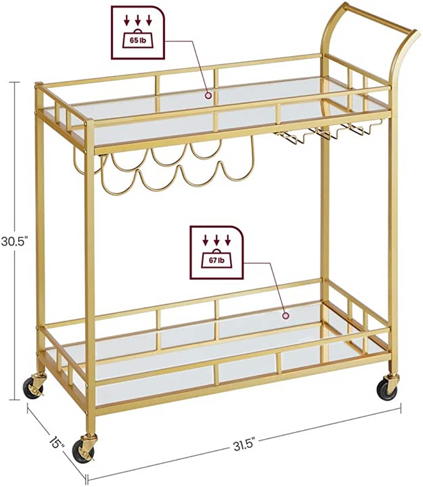 Bar Cart Gold, Home Bar Serving Cart, Wine Cart with 2 Mirrored Shelves, Wine Holders, Glass Holders, for Kitchen, Dining Room, Gold