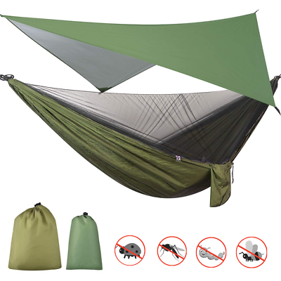 Camping Hammock with Rain Fly Tarp and Mosquito Net Tent Tree Straps, Portable