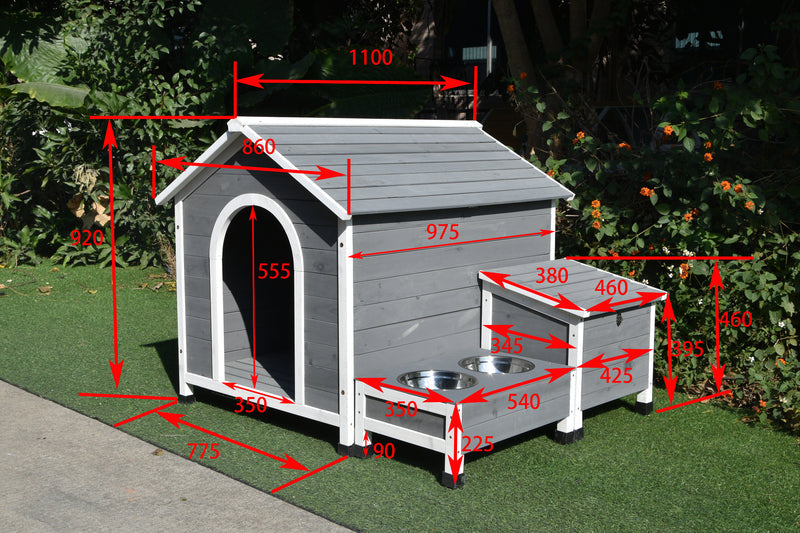 Large Dog House Kennel Pet Timber Wooden Stainless Steel Bowls Storage 