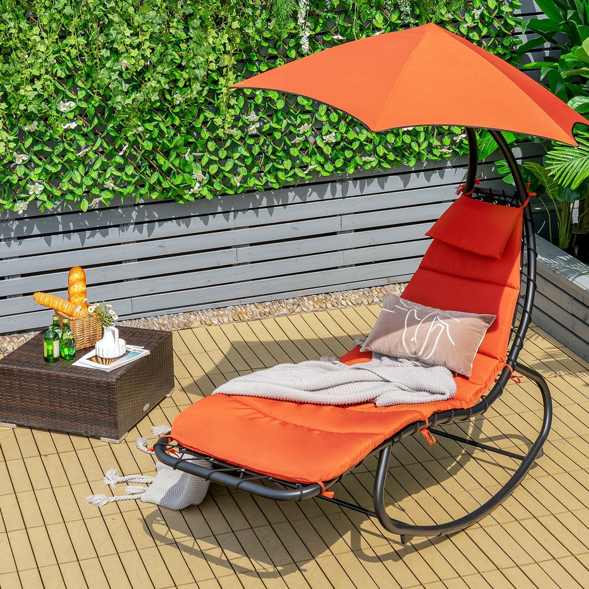 Hammock Chair Swing Lounger Chaise Outdoor Daybed w/ Pillow Canopy Stand Cushion