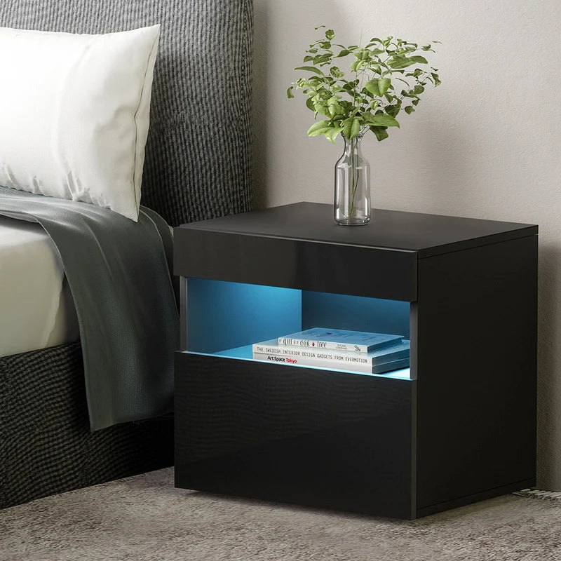 Bedside Tables RGB LED Drawers High Gloss Side Table Nightstand Black