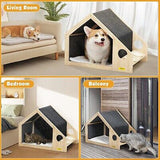 Pet Dog House Cat House Wooden Kennel Feeding Food Bowels Indoor Shelter Medium