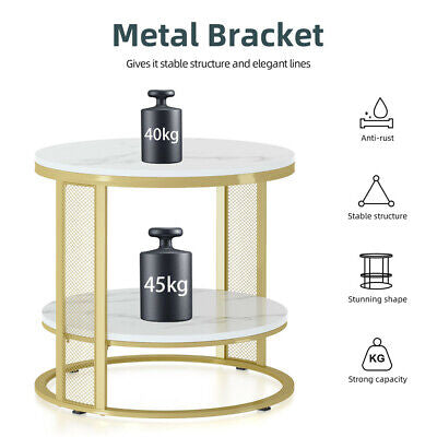 2-Tier White Real Marble Side Table Sofa Coffee End Table W/ Storage Shelf Round