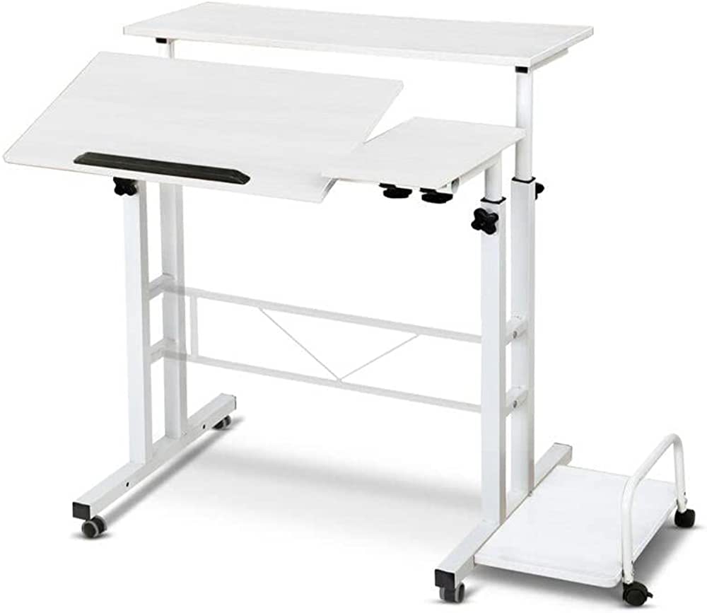 Mobile Stand Up Desk, Adjustable Height Laptop Desk with Wheels Rolling Workstation with Tiltable Panel Board and Detacheable Sideboard