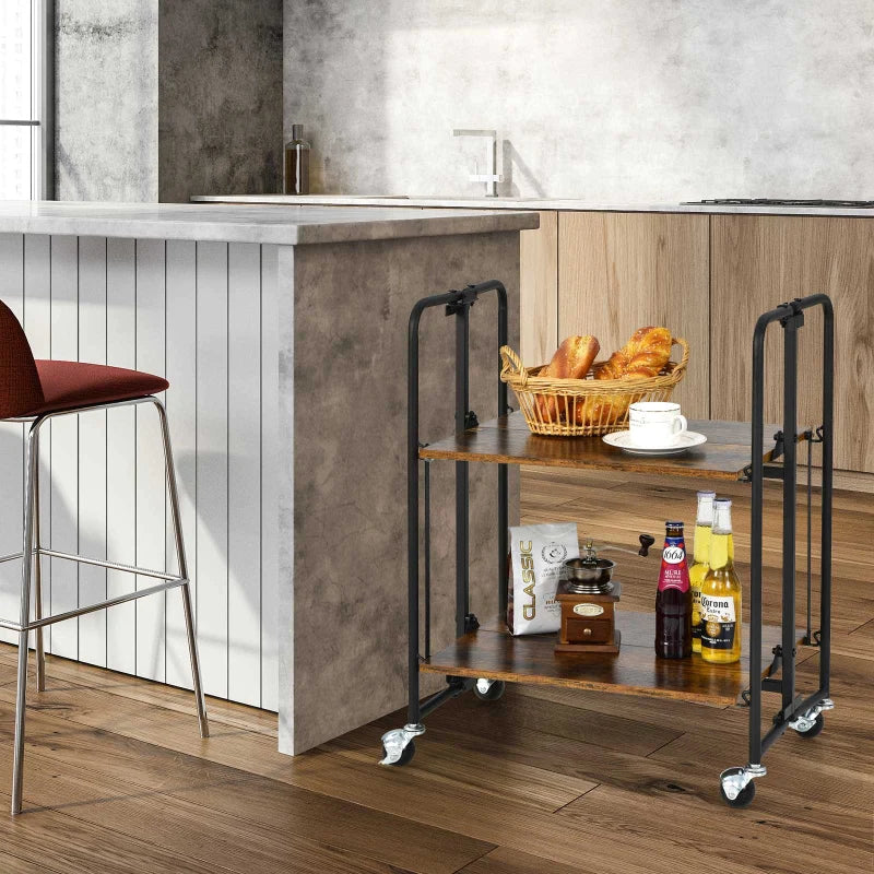 2-Tier Folding Trolley Cart Industrial Kitchen Serving Island on Wheels Metal Frame Mobile Baker Rack