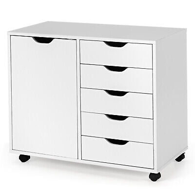 5-Drawer Storage Cabinet Mobile Printer Stand Dresser Wheel Modern White