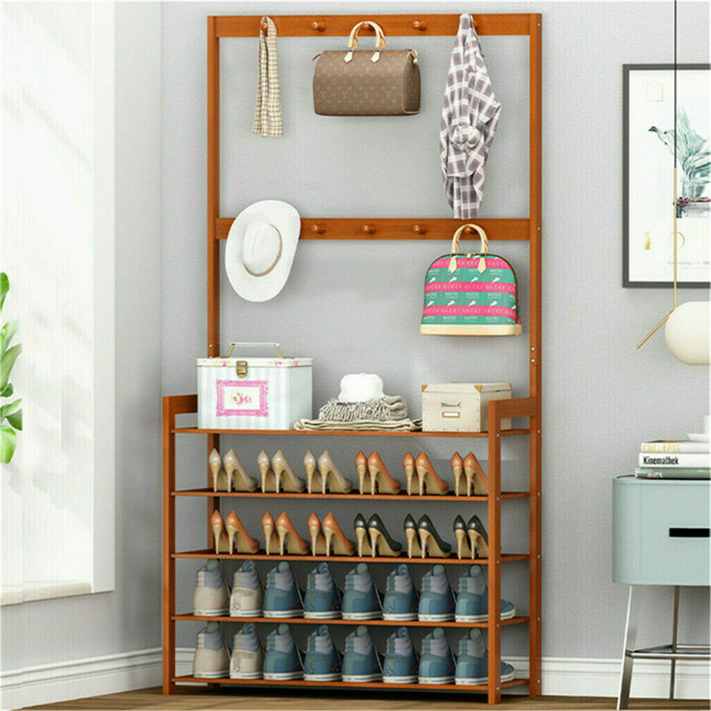 Large Wooden 5 Tiers Hat Coat Stand Clothes Shoe Rack Hanger Hooks Shelf Storage