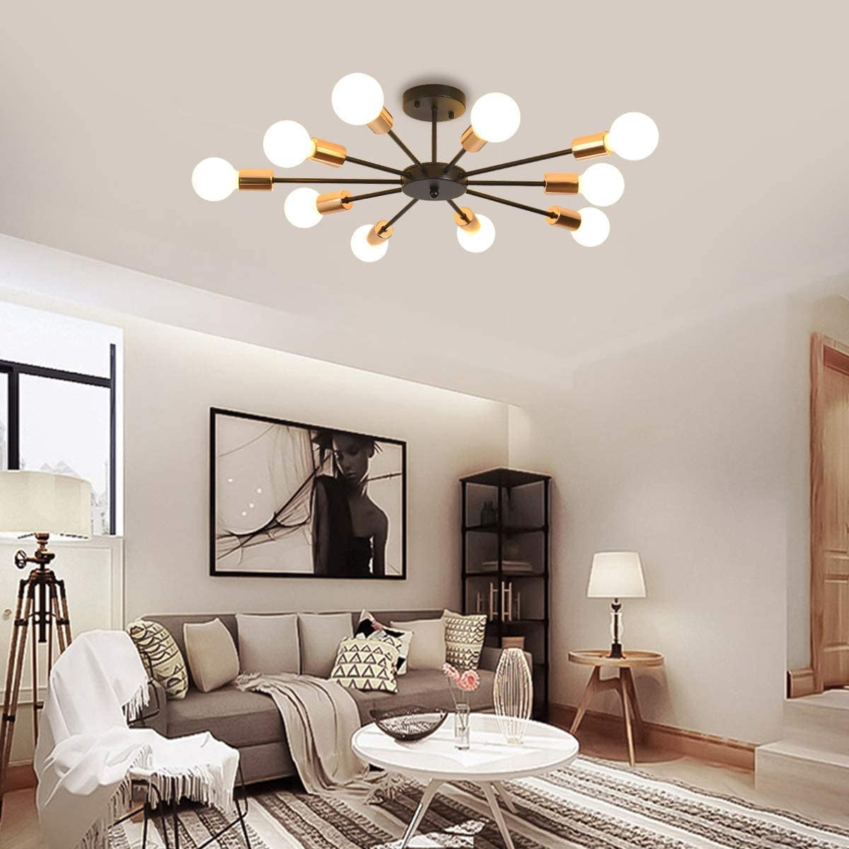 Semi Flush Mount Ceiling Light,10-Light E27 Base Modern Black Sputnik Chandelier,Industrial Ceiling Lamp Fixture for Kitchen Farmhouse Living Room Dining Room