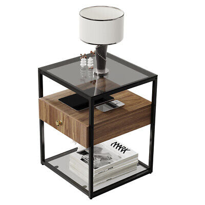 Modern Bedside Table Storage Glass End Table Drawer Living Room Bedroom Cabinet