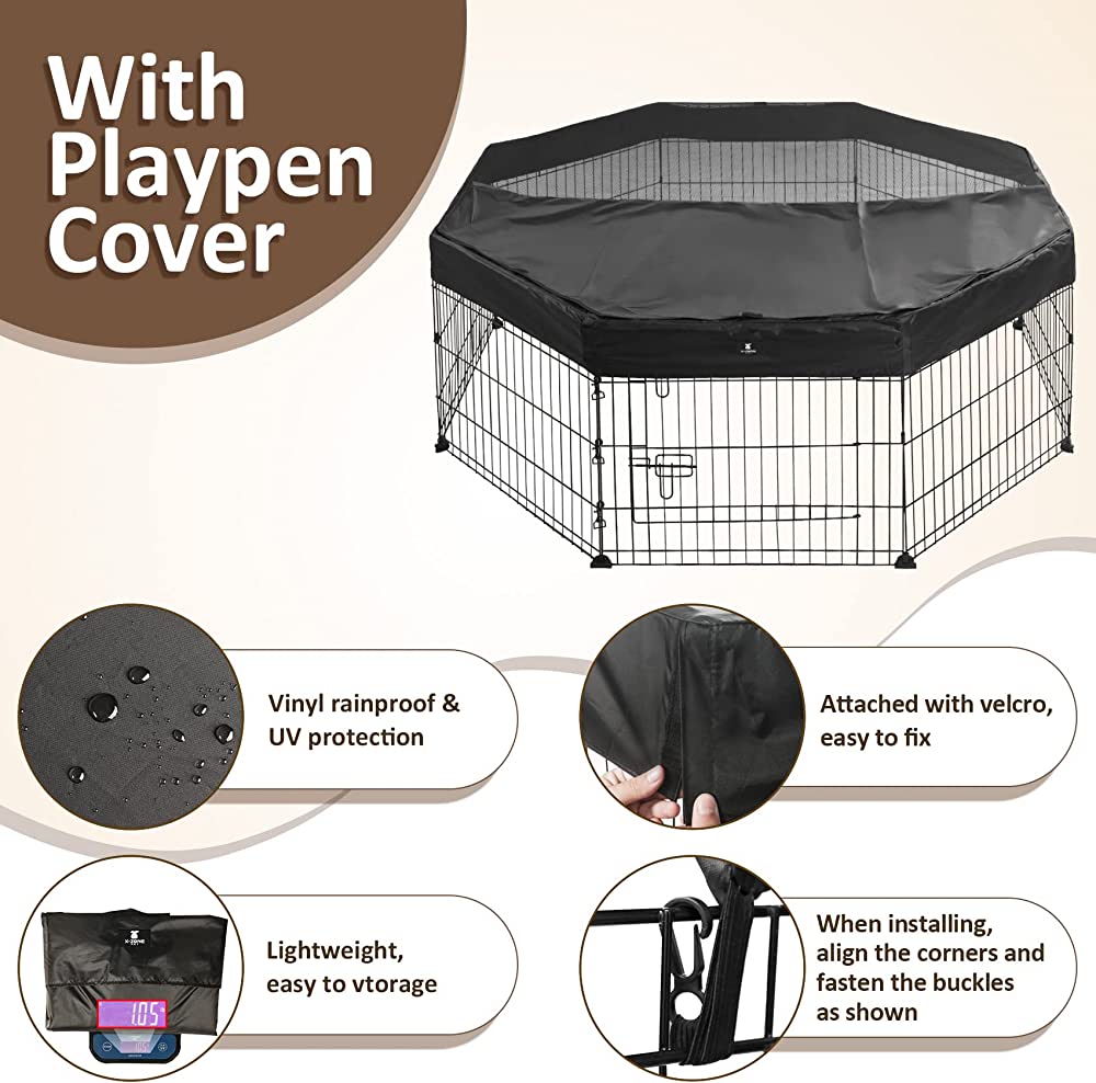 Foldable Metal Pet Playpen with Top Cover, Portable Heavy Duty Wire Exercise Pen for Dogs/ Cats/ Chicks/ Rabbits, Indoor/ Outdoor 8 Panel Pet Fence