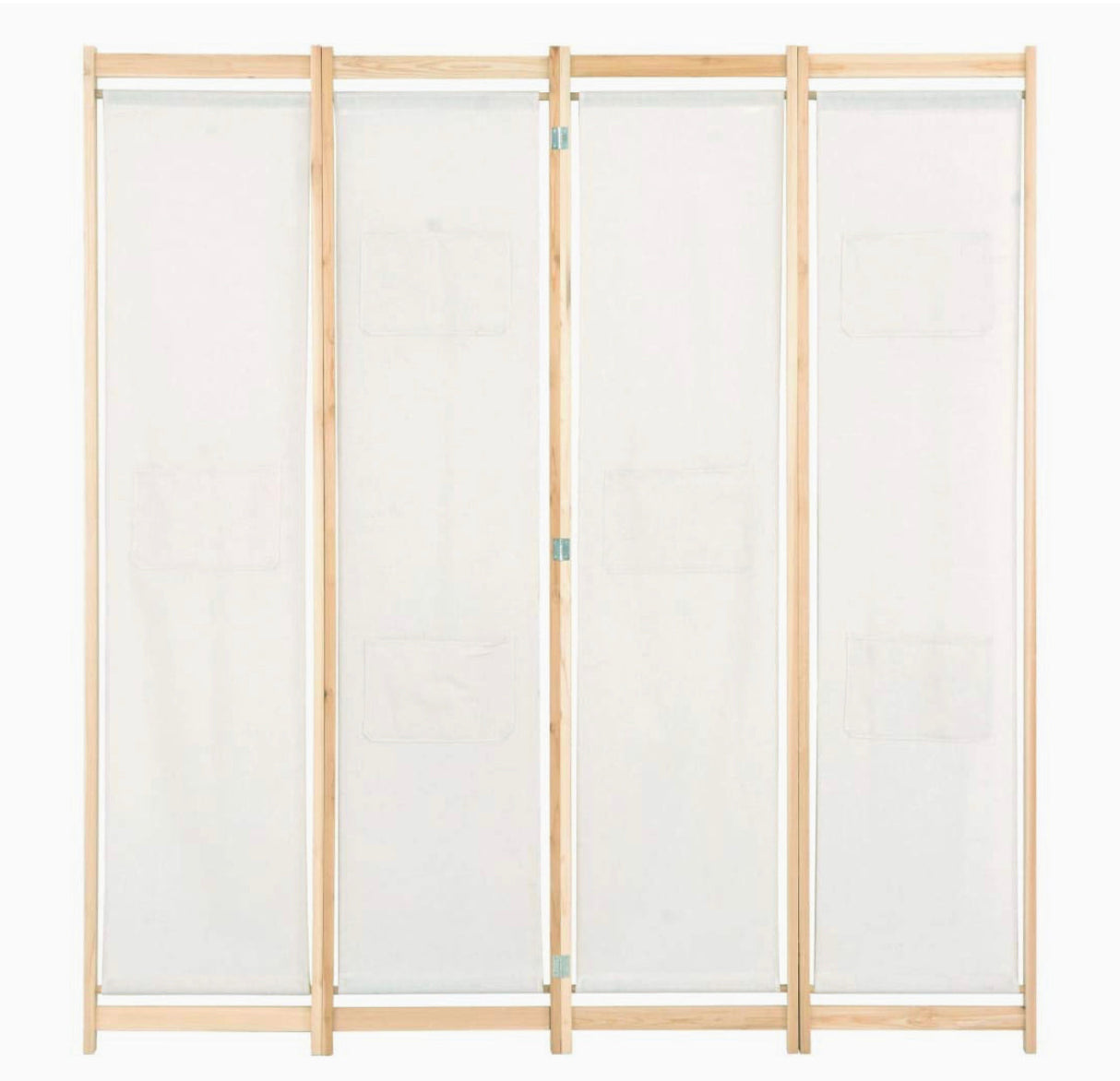 4-Panel Room Divider Wood Frame with 6 Bags Freestanding Fabric Folding Screen Partition Private Dressing Area Cream 160x170x4cm