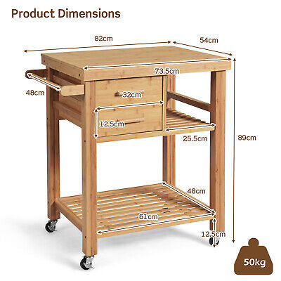 Kitchen Island Cart Bamboo Rolling Trolley Cart Drawers Shelves