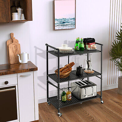 3-Tier Foldable Kitchen Cart Mobile Metal Organizer Rack Garage Storage Shelves