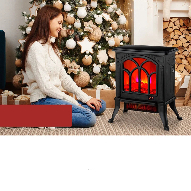 Electric Fireplace Heater Fan Stove PTC Ceramic Log Flame Effect Mantel Timer