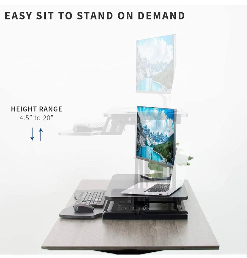 Black Height Adjustable 32 Inch Standing Desk Converter, Sit Stand Dual Monitor and Laptop Riser Workstation (Desk-V000K)