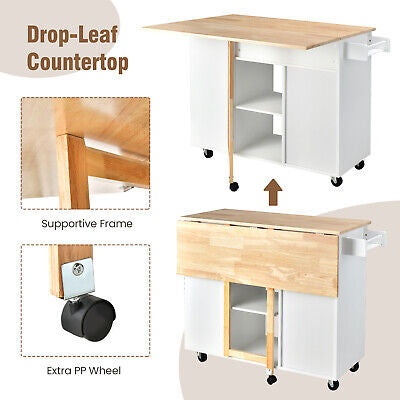 Kitchen Island Trolley Cart Drop-Leaf Top Storage Cabinet Drawer 5 Wheel