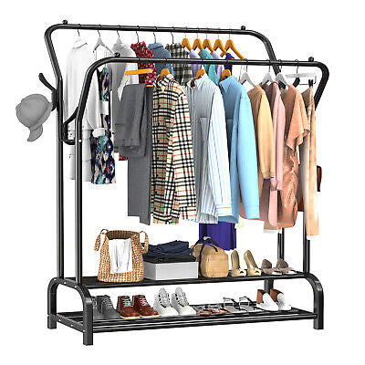 Heavy Duty Double Rail Clothes Garment Hanging Rack Shoe Metal Storage Shelf