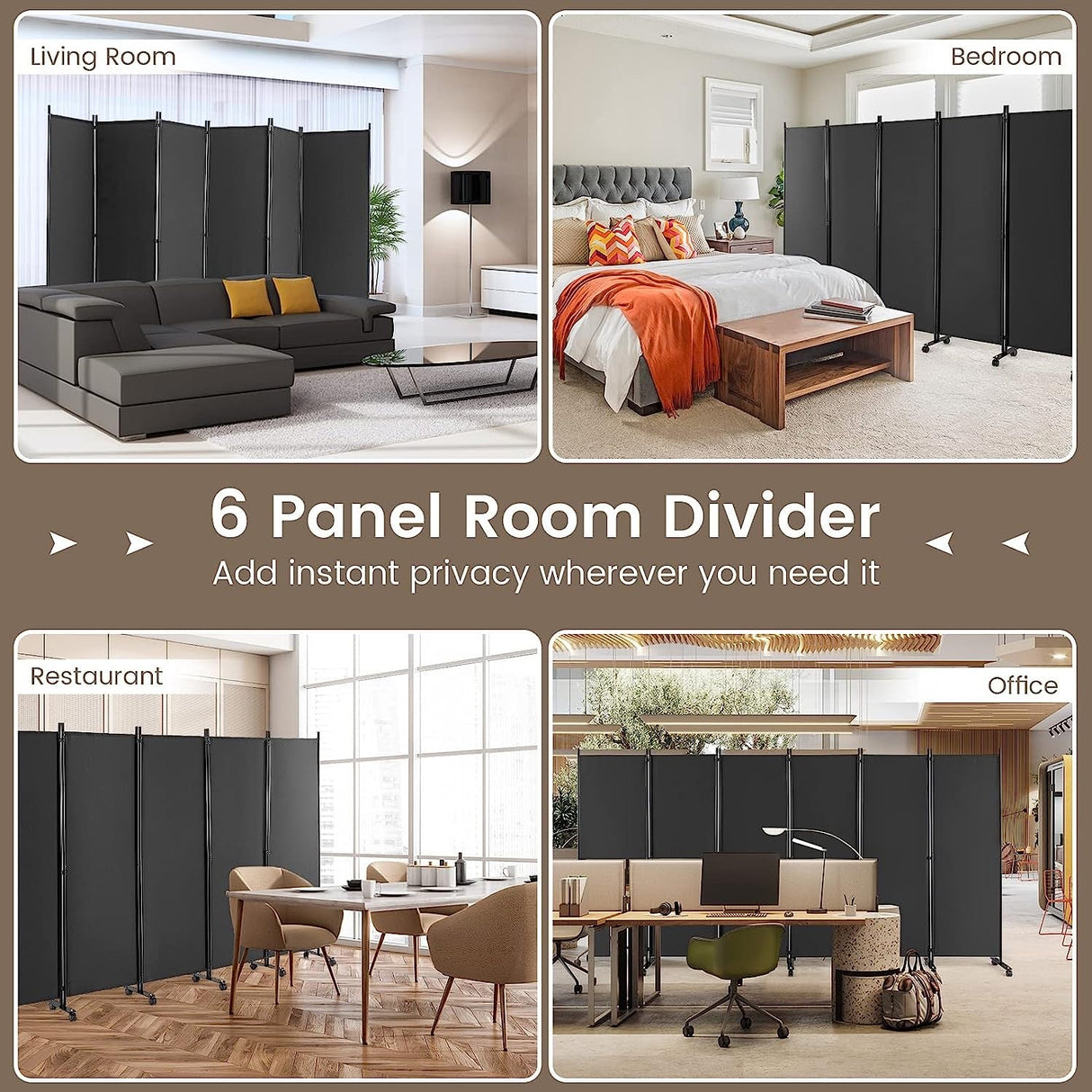 6-Panel Folding Room Divider, 1.72m Rolling Privacy Screen with Lockable Wheels, Portable Wall Divider and Separator, Freestanding Privacy Protection for Living Room, Bedroom, Office