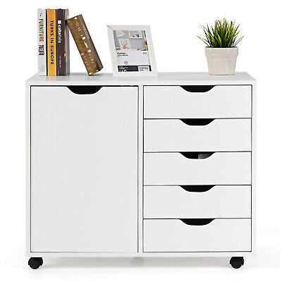 5-Drawer Storage Cabinet Mobile Printer Stand Dresser Wheel Modern White