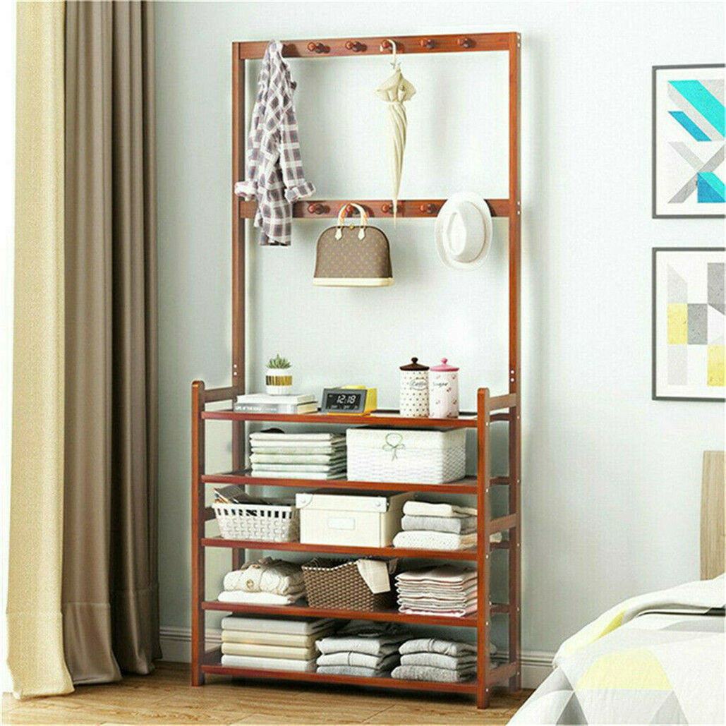 Large Wooden 5 Tiers Hat Coat Stand Clothes Shoe Rack Hanger Hooks Shelf Storage