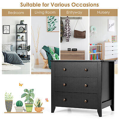 3 Chest of Drawers Sofa Side End Table Storage Dresser Nightstand Black