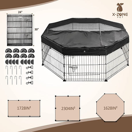 Foldable Metal Pet Playpen with Top Cover, Portable Heavy Duty Wire Exercise Pen for Dogs/ Cats/ Chicks/ Rabbits, Indoor/ Outdoor 8 Panel Pet Fence