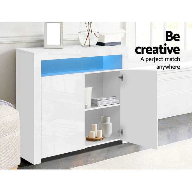 Buffet Sideboard LED High Gloss Storage Cabinet Cupboard 2 Doors White