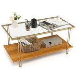 Coffee Table Rectangle Glass Top Wood Bottom Storage Shelf Gold Steel