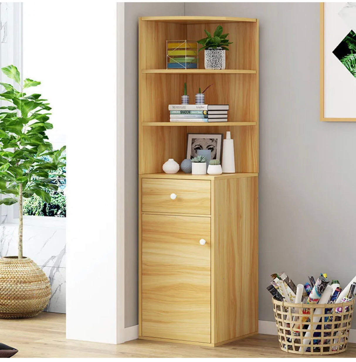 Vision Stylish Wooden Corner Shelf Unit with Cabinet & Drawer (Oak)