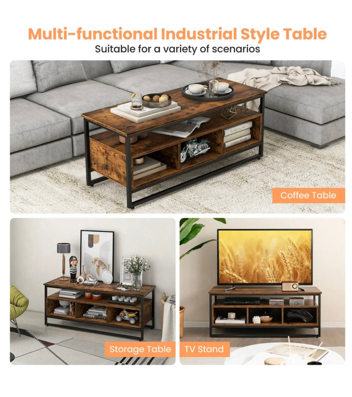 Industrial Coffee Table with Storage for Living Room Rustic Brown