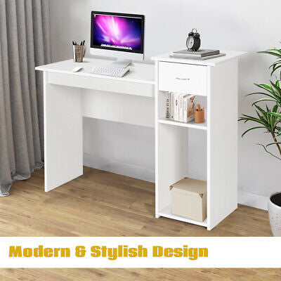 Computer Desk Study Writing Table w/ Storage Shelves Home Office White