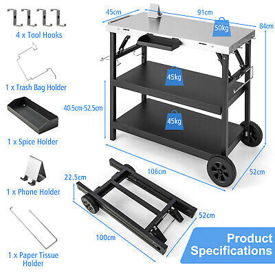 3-tier Mobile Food Prep Cart Table Outdoor Dining Cart w/Adjustable Shelf & Rack