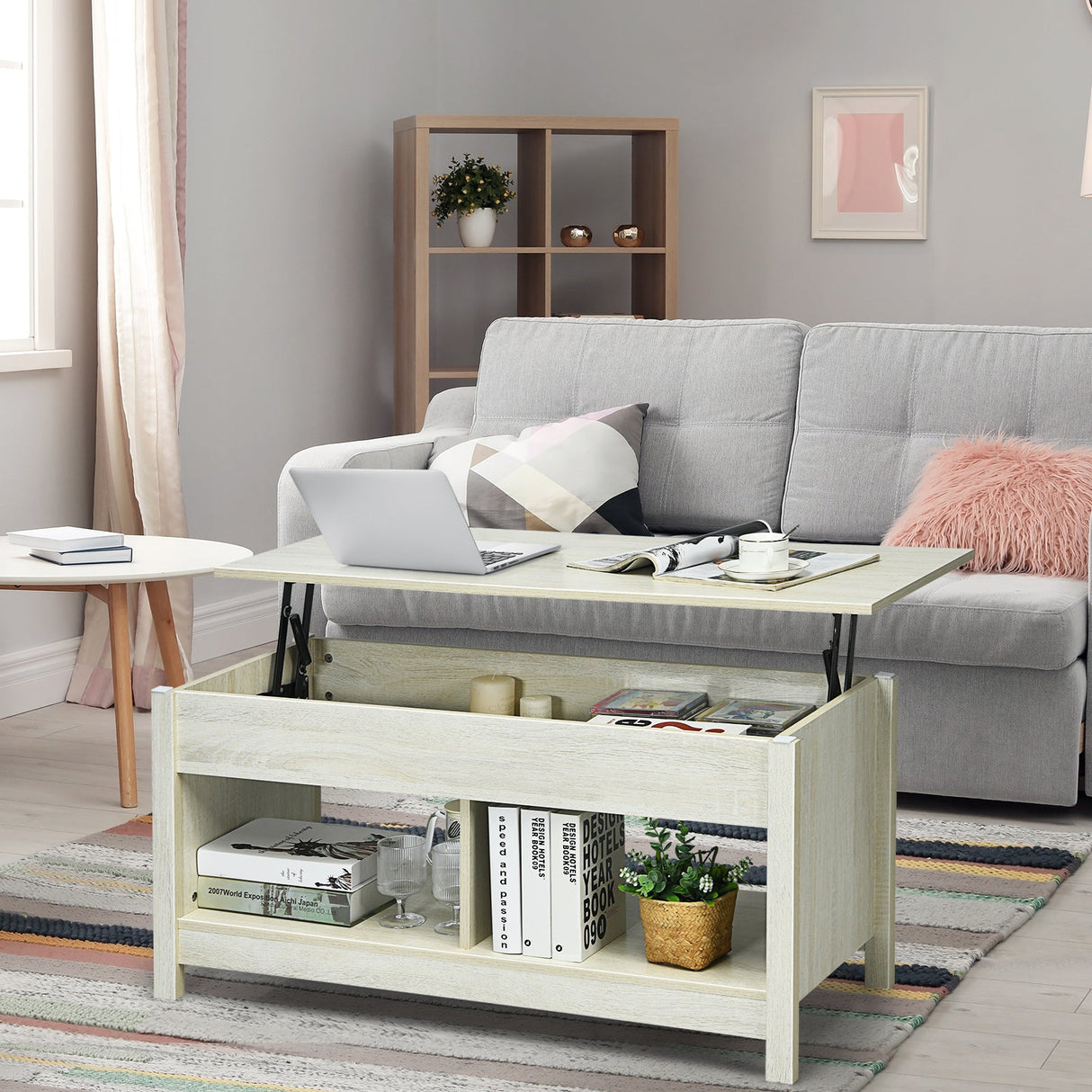 Lift Up Top Coffee Table Modern Open & Hidden Storage Shelf Ivory/Black