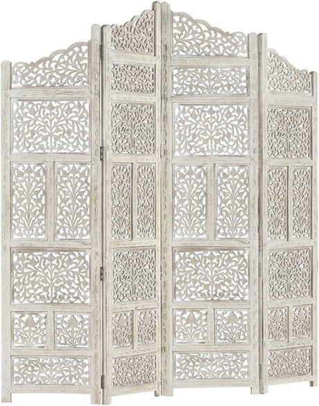 Solid Mango Wood Hand Carved 4-Panel Room Divider Wooden Bedroom Living Room Office Privacy Screen Partition Paravent Grey 160x165 cm