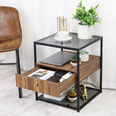 Modern Bedside Table Storage Glass End Table Drawer Living Room Bedroom Cabinet