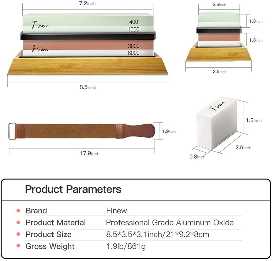 Knife Sharpening Stone Kit, Finew Professional Whetstone Sharpener Stone Set, Premium 4 Side Grit 400/1000 3000/8000 Water Stone, Non-slip Bamboo Base, Flatting Stone, Angle Guide and Leather Strop