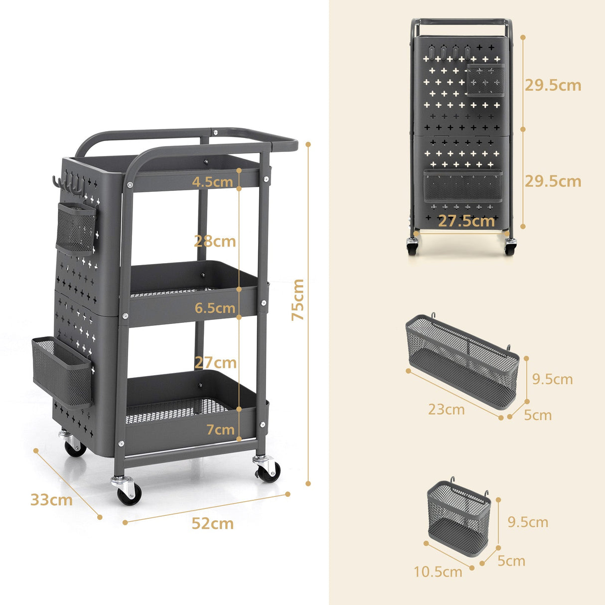 Kitchen Storage Trolley Cart 3-Tier Shelves Pegboards Carbon Steel Frame