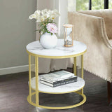 2-Tier White Real Marble Side Table Sofa Coffee End Table W/ Storage Shelf Round