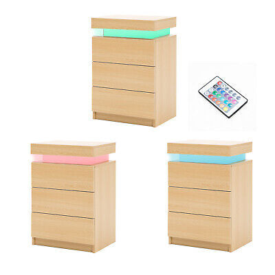 2x Bedside Tables 3 Drawers RGB LED Cabinet Nightstand OAK