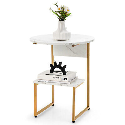 Side Table 2-Tier Wooden Round End Beside Table Nightstand Metal Frame