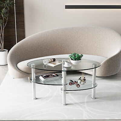 Oval Coffee Table 3-Tier Tempered Glass & Chrome Base Clear Living Room