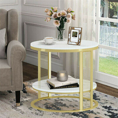 2-Tier White Real Marble Side Table Sofa Coffee End Table W/ Storage Shelf Round