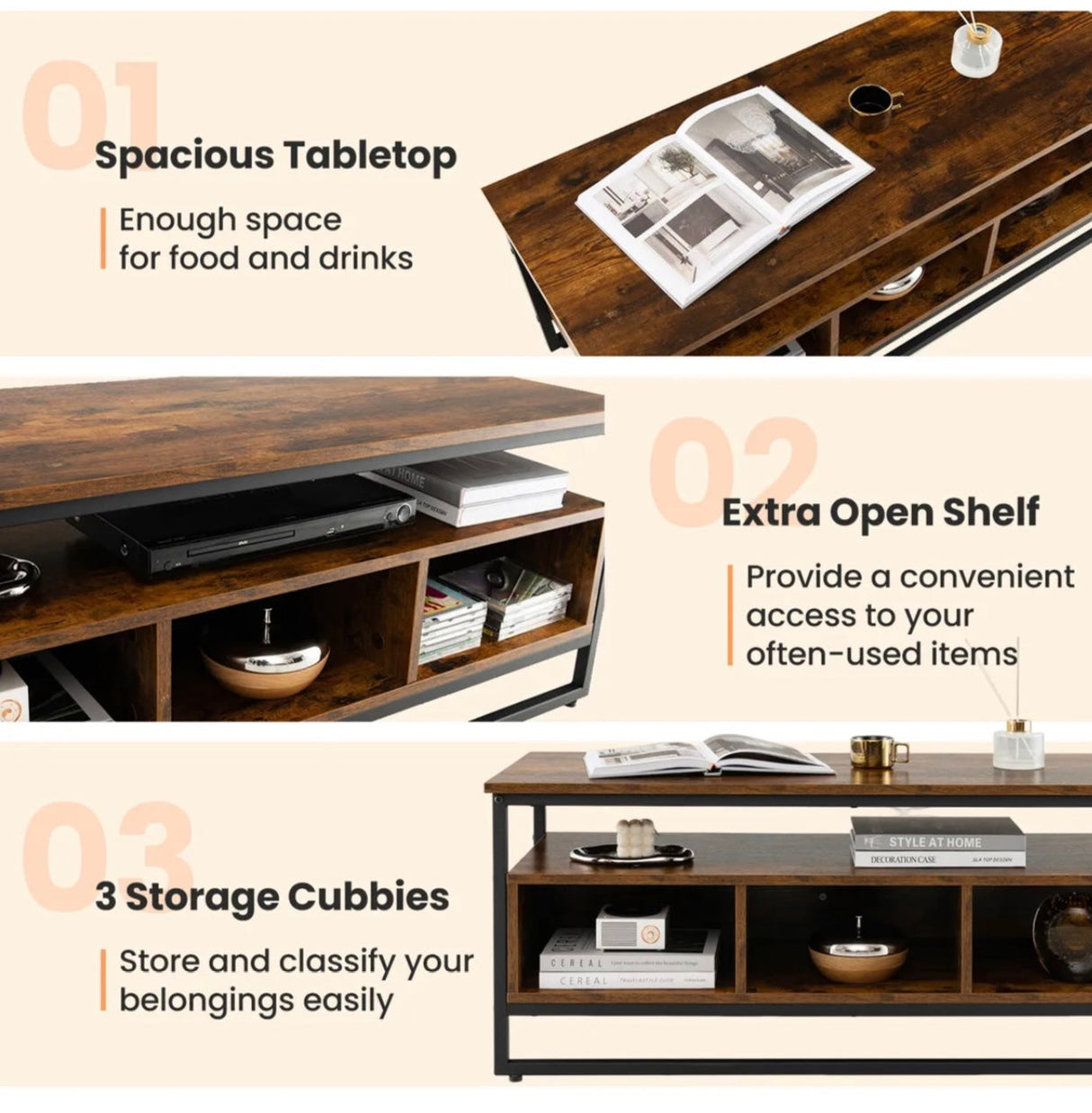 Industrial Coffee Table with Storage for Living Room Rustic Brown