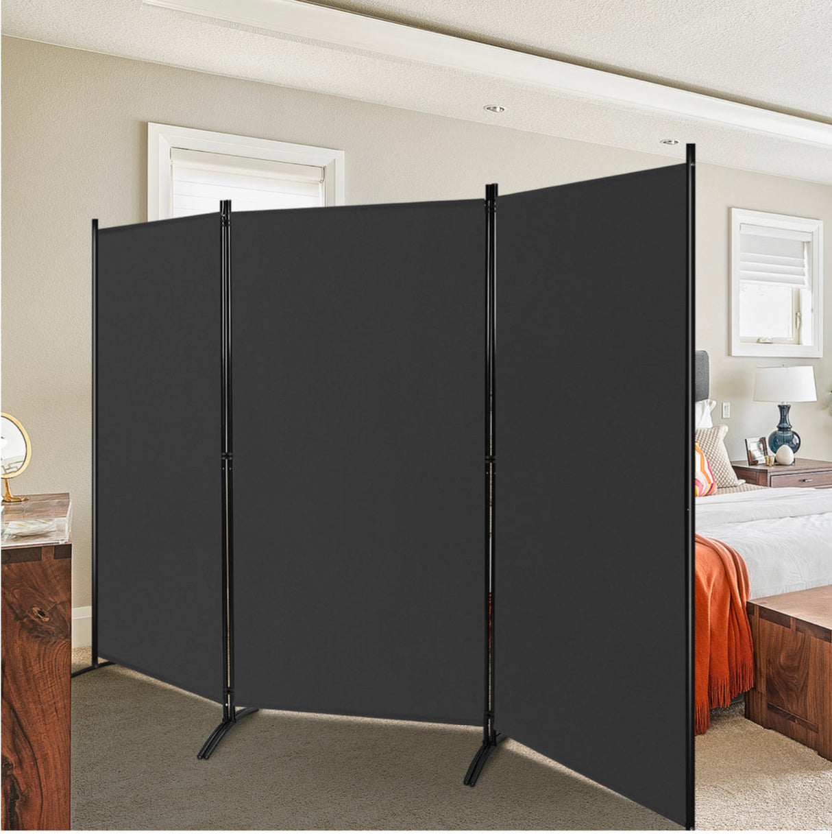 3-Panel Room Divider Folding Privacy Screen with Hinges Steel Base Wood