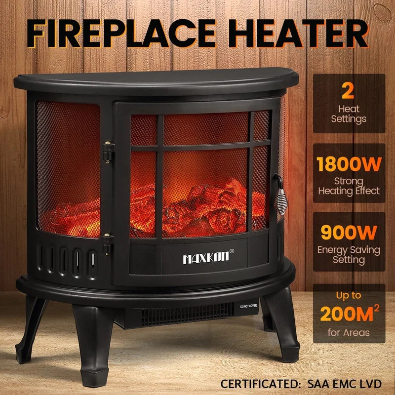 Electric Fireplace Freestanding Stove Heater LED Flame Effect 1800W