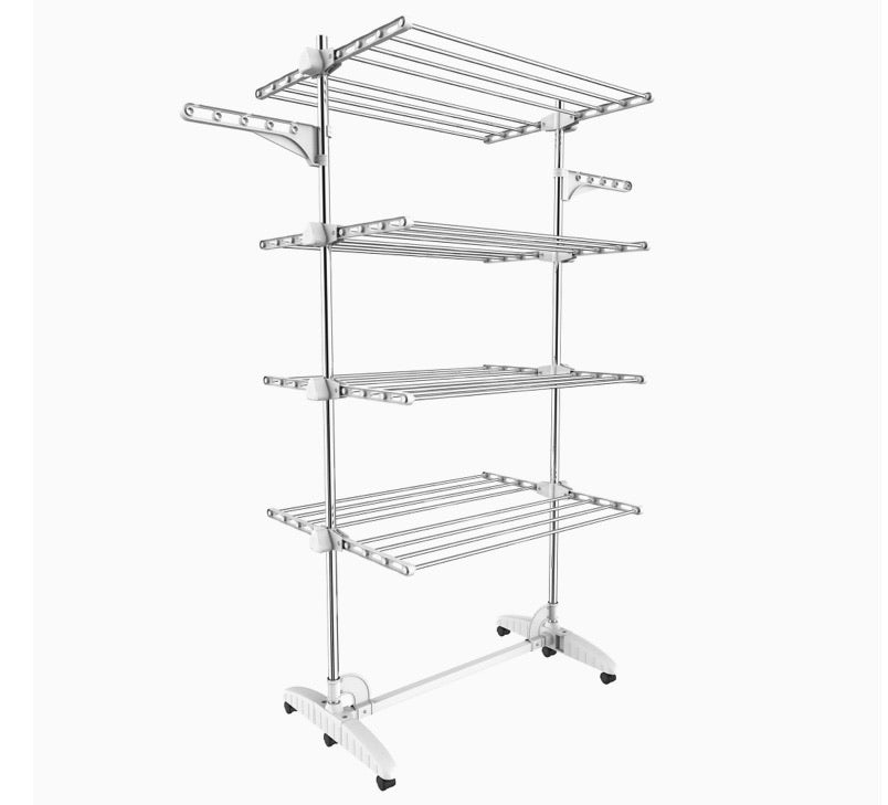 Laundry Drying Rack, Clothes Airer - Material: Stainless Steel Tubes - Maximum Load: 6.7 lbs per Support bar - 4 Shelves, White, with Wings