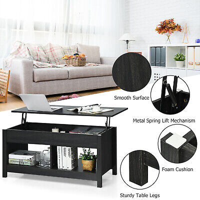 Lift Up Top Coffee Table Modern Open & Hidden Storage Shelf Ivory/Black