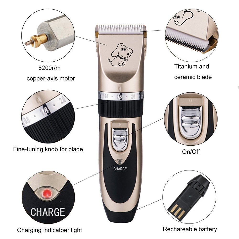 Dog Grooming Clippers, Otstar Rechargeable Cordless Pet Hair Clippers Kit for Dogs Cats and Other Animals with Stainless Steel Comb and Scissors, Low Noise Low Vibration  